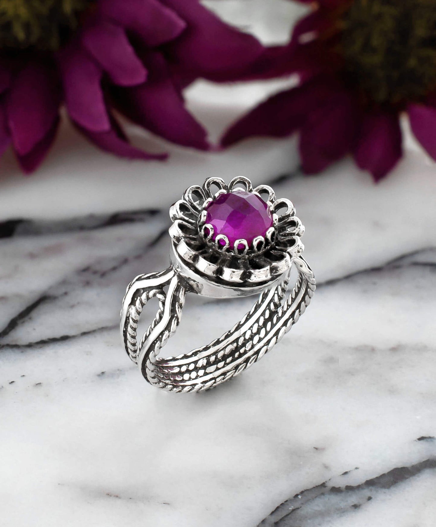Ruby Corundum Gemstone Sterling Silver Women Cocktail Ring