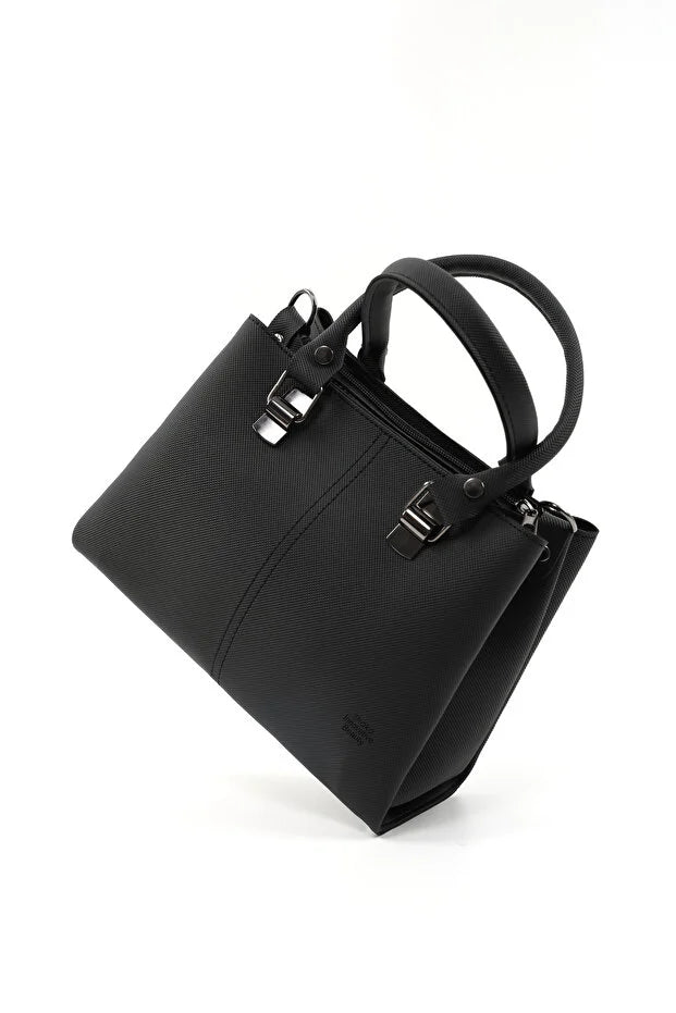 Black Faux Leather Zippered Handbag with 3 Compartments Adjustable Bag