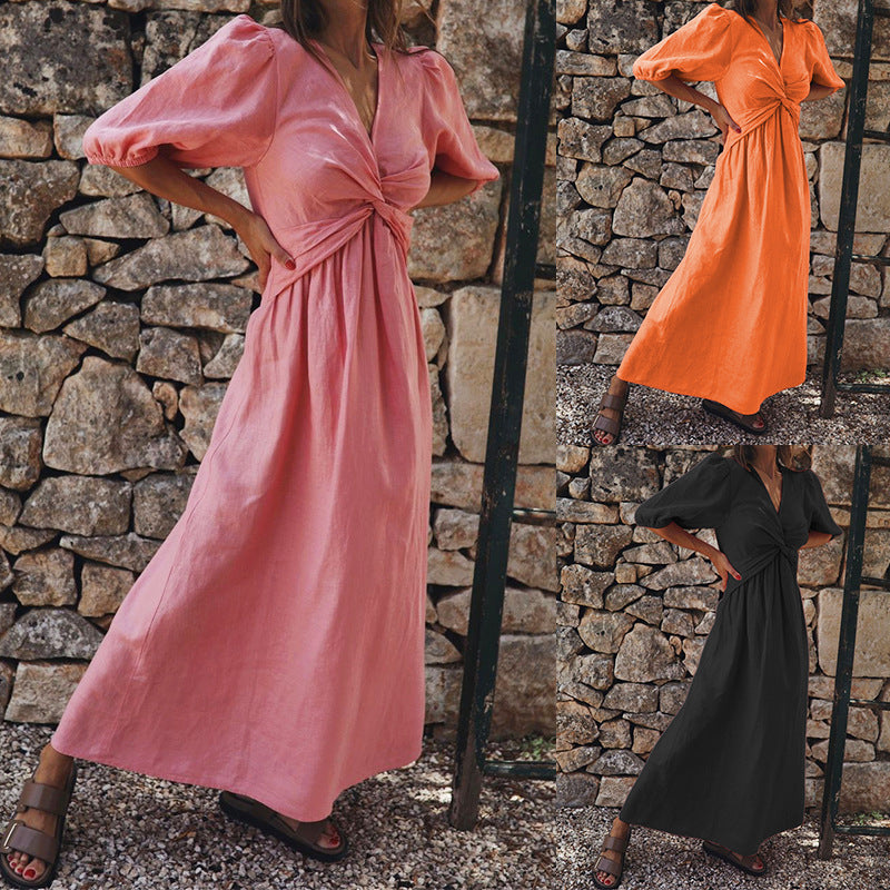 High Waist Slimming V-Neck Midi Dress