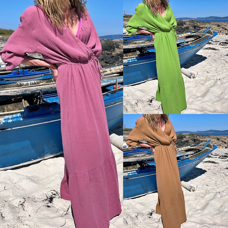 Women's V-neck Long Sleeve Midi Dress