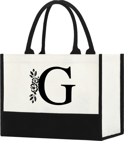 Initial Canvas Tote Bag Personalized Birthday Gifts for Women Sister Mom Friend Teacher Bridesmaid Monogrammed Women Tote Bag for Wedding Birthday Beach Holiday