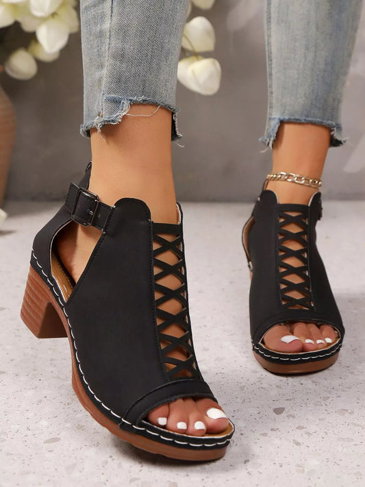 Crisscross Peep Toe : Block Heels Sandals