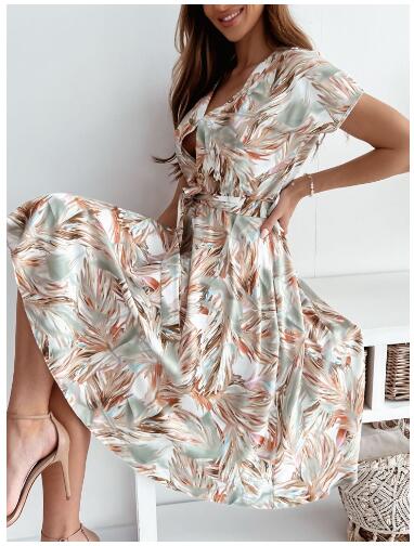 Printed V-Neck Short Sleeve Midi Dress