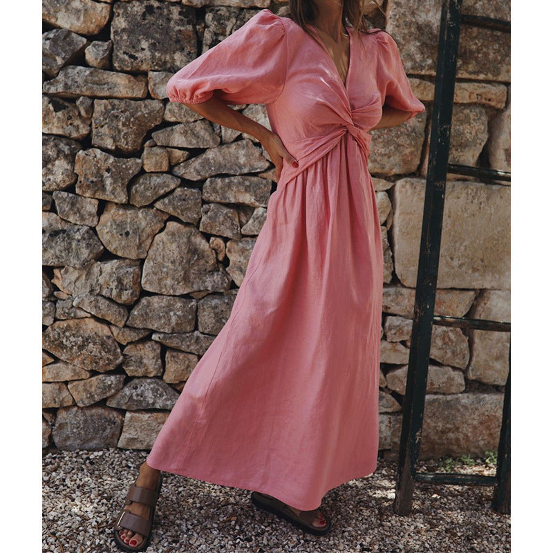 High Waist Slimming V-Neck Midi Dress