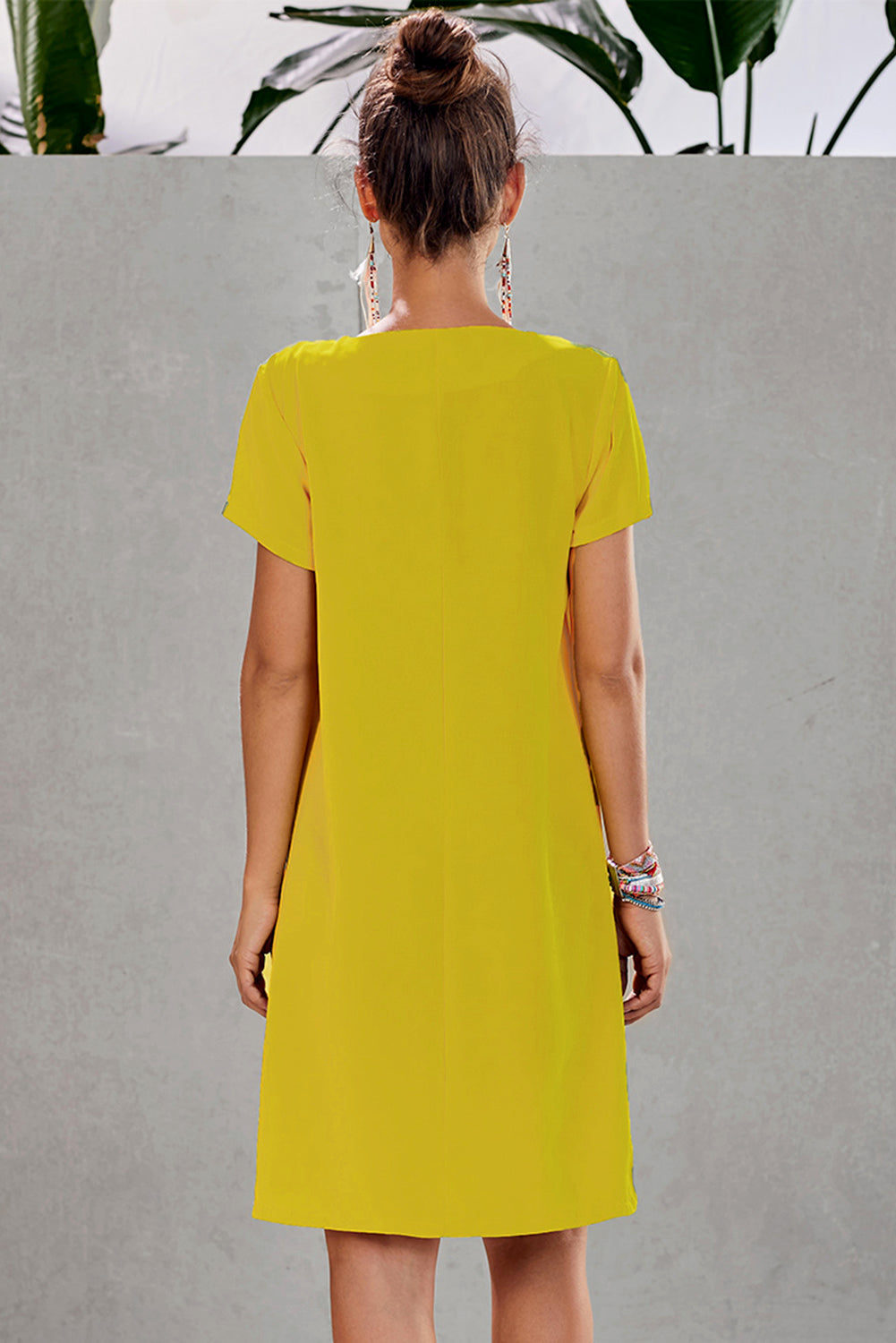 Yellow Summer Tribal Print V-Neck Shift Casual Dress