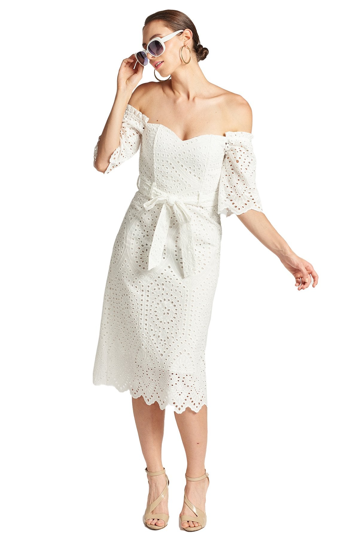 Jasmine Dress - Off the shoulder a-line midi eyelet dress