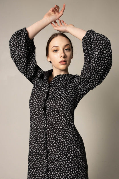 Black Floral Dress in Italian Cotton – Elegant Summer Dress