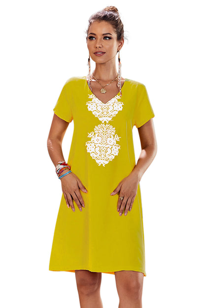 Yellow Summer Tribal Print V-Neck Shift Casual Dress