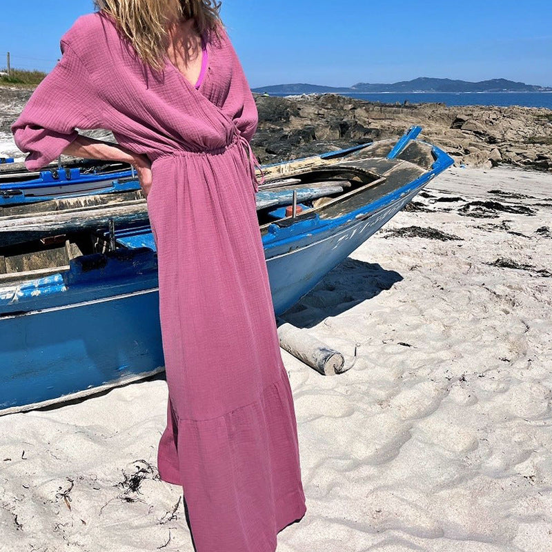 Women's V-neck Long Sleeve Midi Dress
