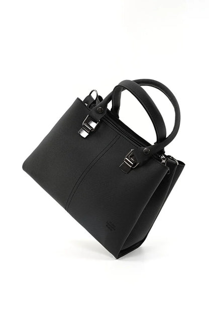 Black Faux Leather Zippered Handbag with 3 Compartments Adjustable Bag