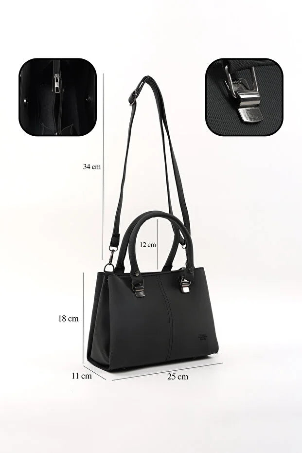 Black Faux Leather Zippered Handbag with 3 Compartments Adjustable Bag