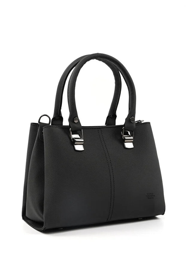Black Faux Leather Zippered Handbag with 3 Compartments Adjustable Bag