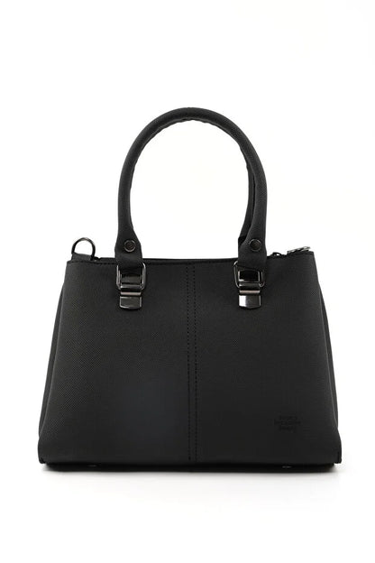 Black Faux Leather Zippered Handbag with 3 Compartments Adjustable Bag