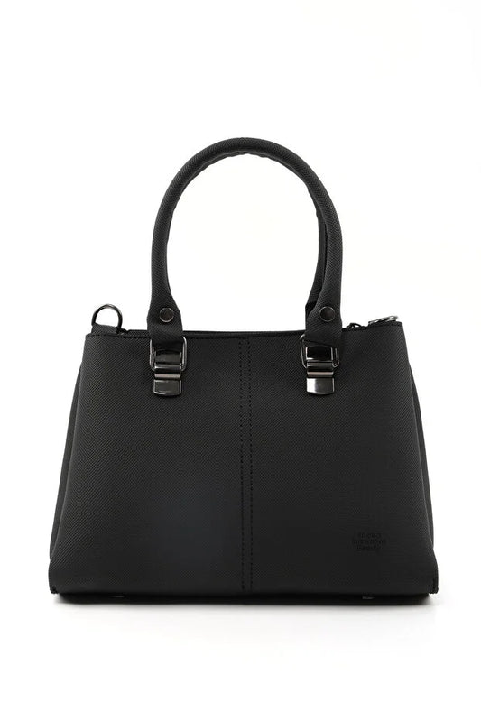 Black Faux Leather Zippered Handbag with 3 Compartments Adjustable Bag