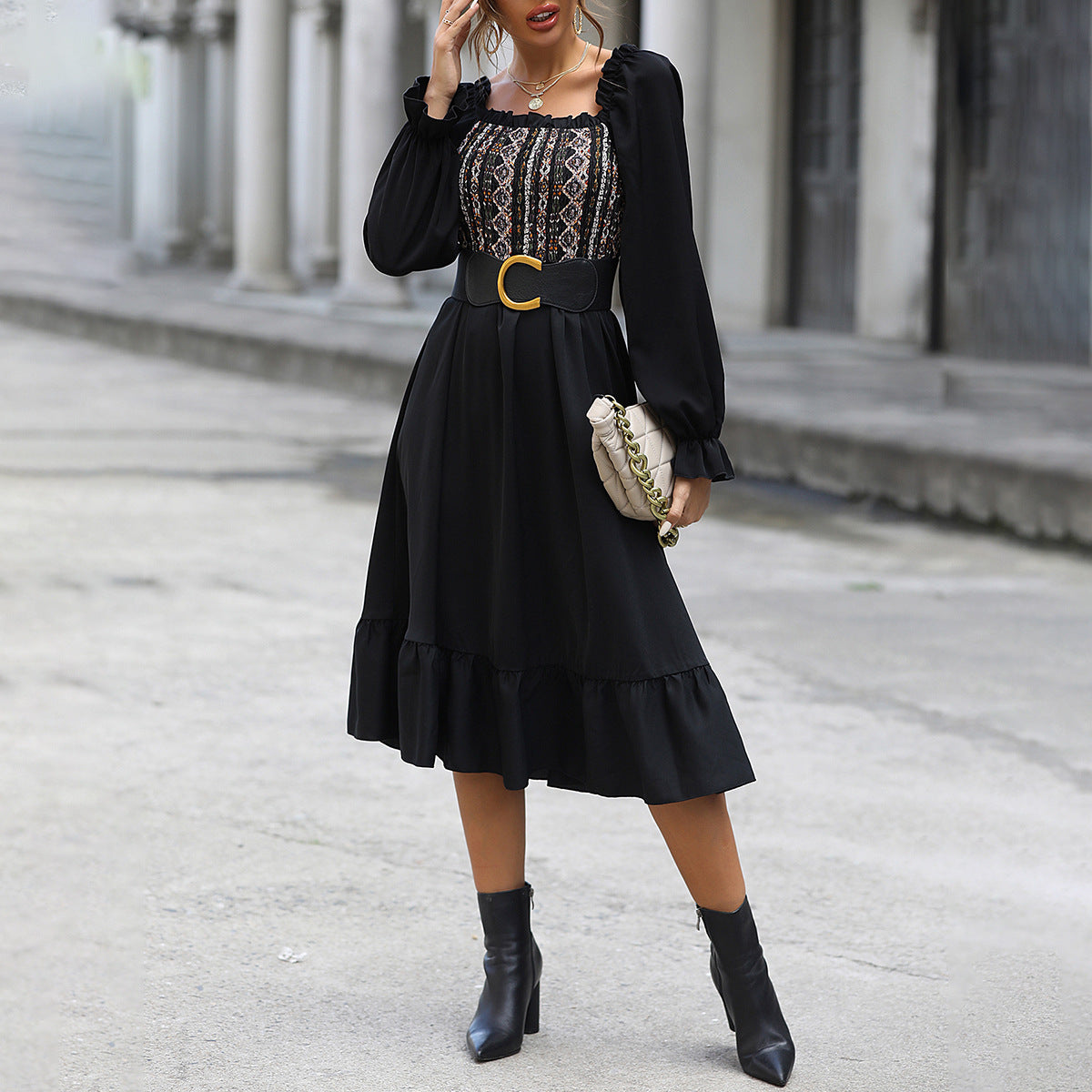 Square-neck Cinched Midi Dress for Women