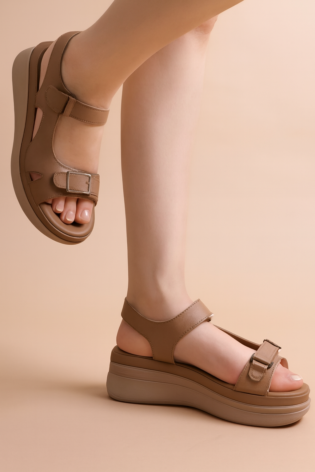 Women's Tan Platform Sandals with Buckle Straps