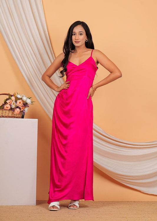 WYAKA Women's Summer Satin Maxi Dress Casual V Neck Split Beach Long