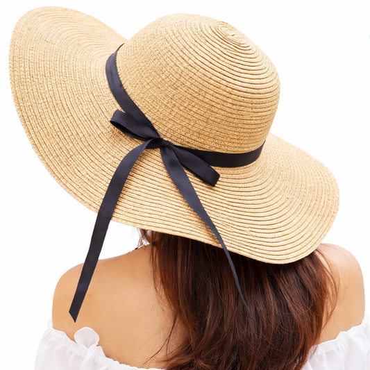 Wide-Brim Straw Sun Hat with Black Ribbon Bow