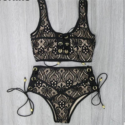 3colors Lace High Waist Swimsuit Bikini Set Summer Sexy Solid Bikinis