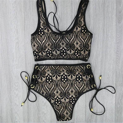 3colors Lace High Waist Swimsuit Bikini Set Summer Sexy Solid Bikinis